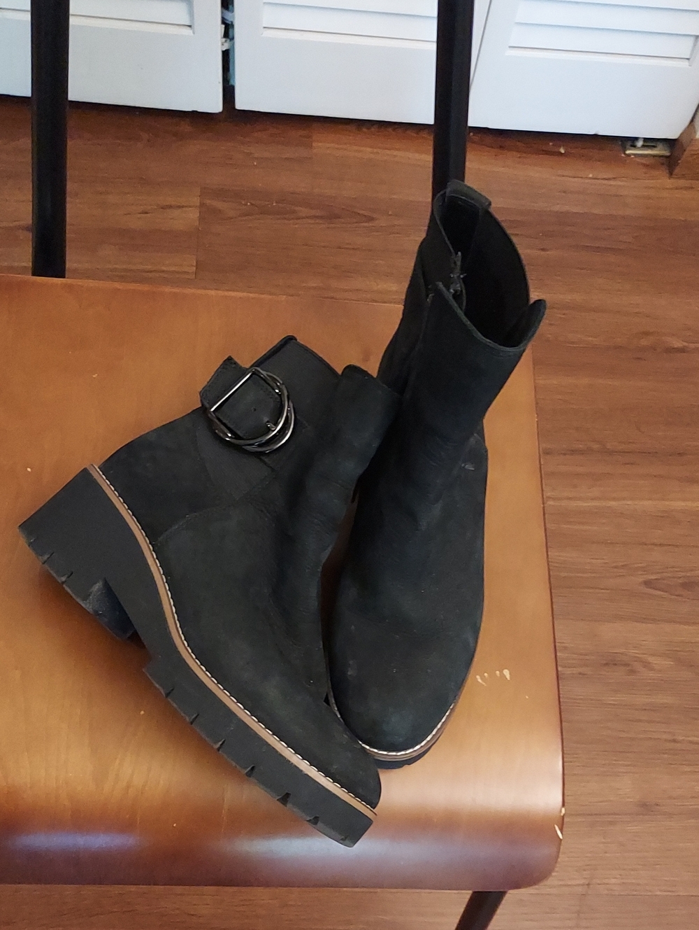 Blondo Waterproof Black Suede Buckle Platform Ankle Boots